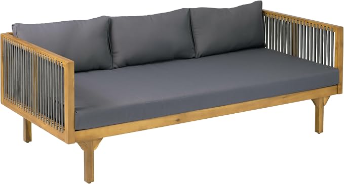 Merax Outdoor Acacia Wood Conversation Set - Patio 3-Seat Loveseat Sofa w/Coushion and Round Coffee Table for Backyard, Lawn, Balcony, Water Repellent, 600 lbs Sofa Capacity, Teak + Gray
