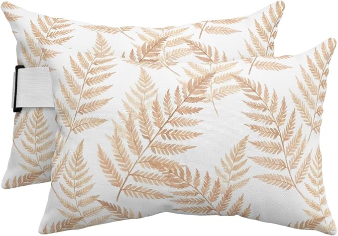 Lumbar Pillow Covers Set of 4, Beige Ferns Waterproof Outdoor Chaise Lounge Pillow Covers with Elastic Strap, Spring Summer Botanical Leaves Headrest Pillowcase for Patio, 11 x 16