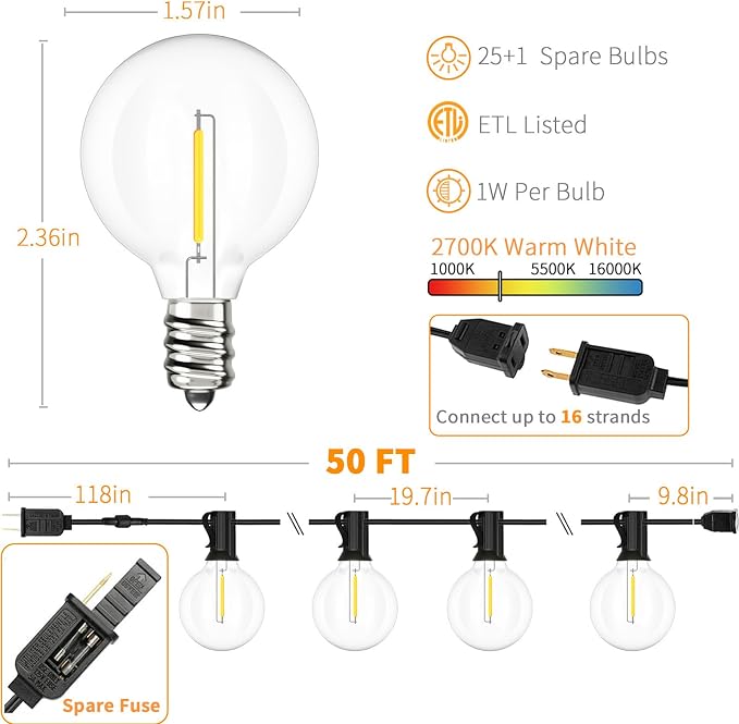 Svater Outdoor String Lights LED 50 FT G40 26 Bulbs Waterproof for Patio | Shatterproof Globe Bulbs, Dimmable, Plug-In, Outside Light for Backyard Bistro Cafe Party Warm White