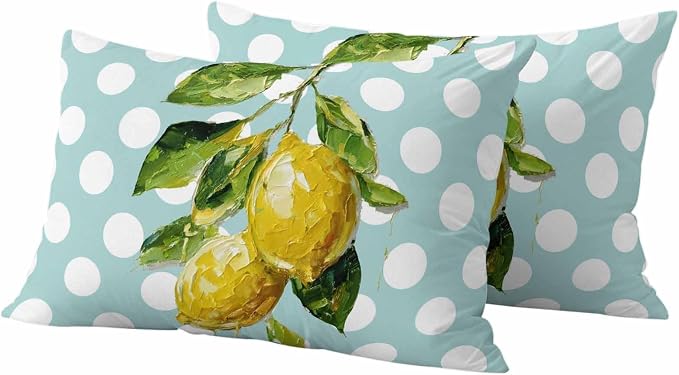 Waterproof Pillow Covers Set of 2,Summer Lemon Leaf Country Fruit Outdoor Pillow Protectors with Zipper Pillowcases for Patio Tent Garden Beach 20x12 Inches Polka Dot Light Blue