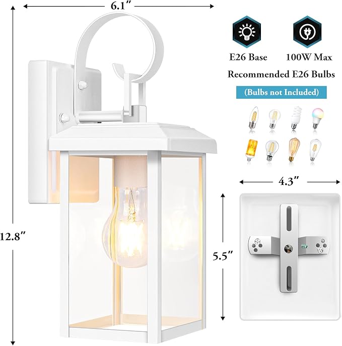 BesLowe 2-Pack Outdoor Wall Light Fixtures, Modern Porch Sconces, White | Waterproof, Rust-Resistant, Durable Metal with Clear Glass, Standard E26 Socket, Easy to Install
