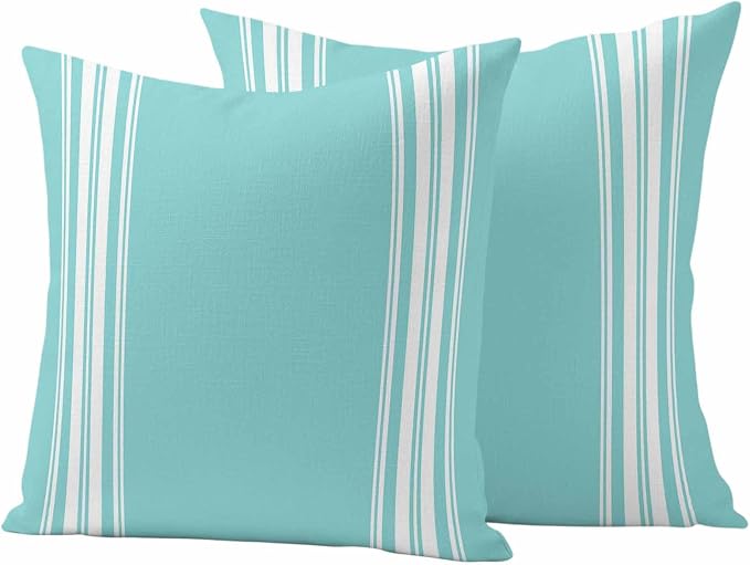 Outdoor Pillow Covers 18x18 Set of 2 Teal Stripes Outdoor Pillows Waterproof Throw Pillow Covers French Stripe Farmhouse Style Pillowcases Decorative Case for Patio Cushion
