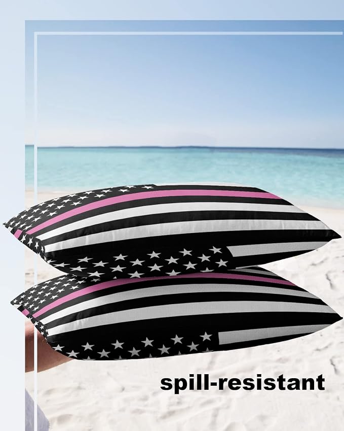 Outdoor Waterproof Pillow Covers Set of 2, Thin Pink Line Breast Cancer Awareness Women USA American Flag Patio Throw Pillow Covers, Decorative Cushion Case for Couch Sofa Furniture Garden, 20x12 Inch