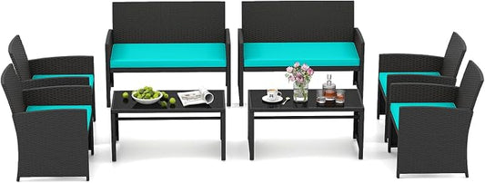 HAPPYGRILL 4 Piece Rattan Wicker Patio Conversation Set, Outdoor Furniture with Chair Loveseat Table & Cushion, for Backyard Porch Balcony (2, Black & Turquoise)
