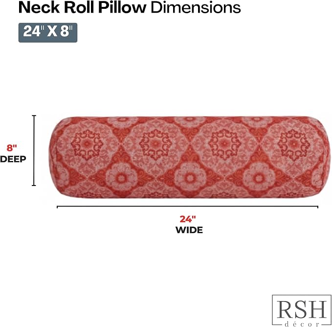 RSH DECOR: Outdura Neck Roll Pillows Set of 2 | 24” x 8” | Outdoor Bolster for Patio, Deck, Porch, or Poolside Chairs | Fade & Water-Resistant | Made in USA (Ayorline Flamin)
