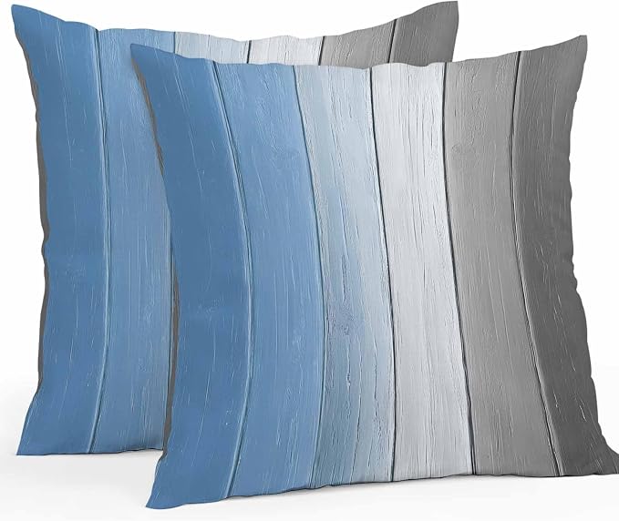 Throw Pillow Covers 24x24 Inch Set of 2, Blue Gray Ombre Waterproof Outdoor Cushion Covers, Vintage Country Wooden Decorative Pillowcases for Couch, Sofa, Bed, Garden, Patio