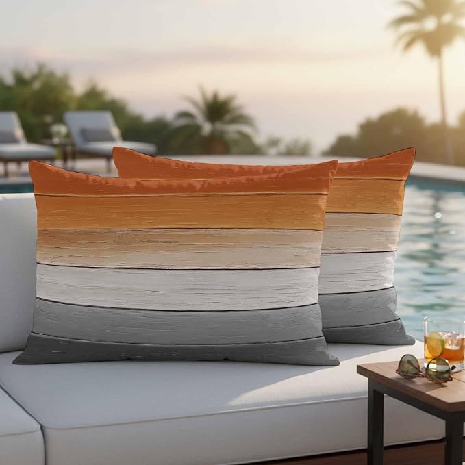Orange Gray Outdoor Pillow Covers 20x12 Inch Lumbar Pillow Covers Set of 2 Waterproof Decorative Throw Pillow Cases Farmhouse Retro Gradient Wooden Grain Cushion Covers for Patio Furniture Garden