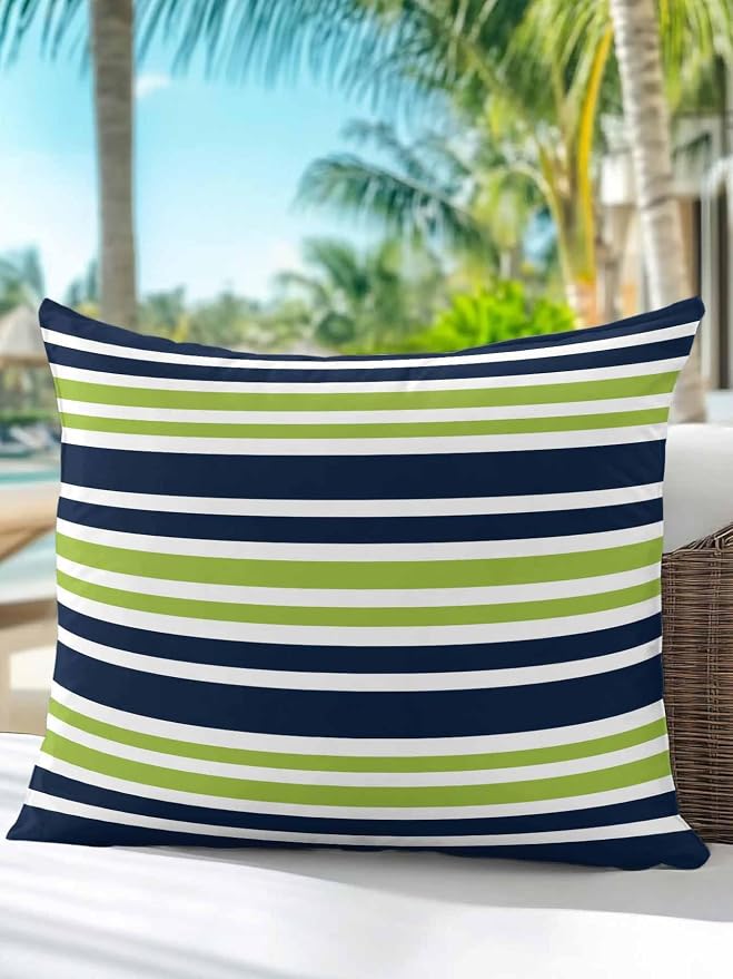 Outdoor Waterproof Throw Pillows Navy Blue Green Stripe Patio Pillows,Decorative Pillow Covers with Insert,Pillow Cushion Case for Garden Couch Sofa White Line