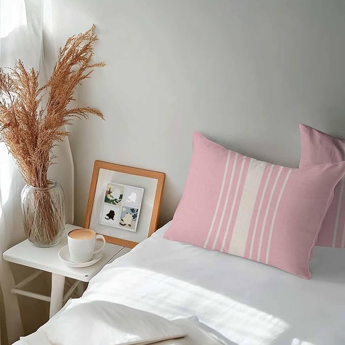 Lumbar Pillow Covers 20x12 Inch Set of 2, Pink Beige Striped Waterproof Outdoor Cushion Covers, Modern Farmhouse Retro Lines Decorative Pillowcases for Couch, Sofa, Bed, Garden, Patio