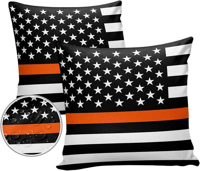 Prime Leader Outdoor Waterproof Pillow Covers Set of 2, Thin Orange Line Flag Search Rescue Officer Patio Throw Pillow Covers, Decorative Cushion Case for Couch Sofa Furniture Garden, 24x24 Inch