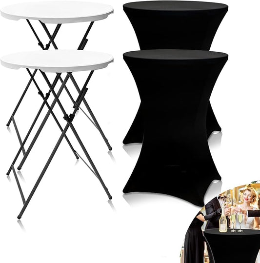 2 Sets 32in Round Folding Cocktail Tables with Spandex Stretch Table Covers for Indoor Outdoor Use Portable Ideal for Parties Events Dining and Gatherings (White Set+2BKcloth)