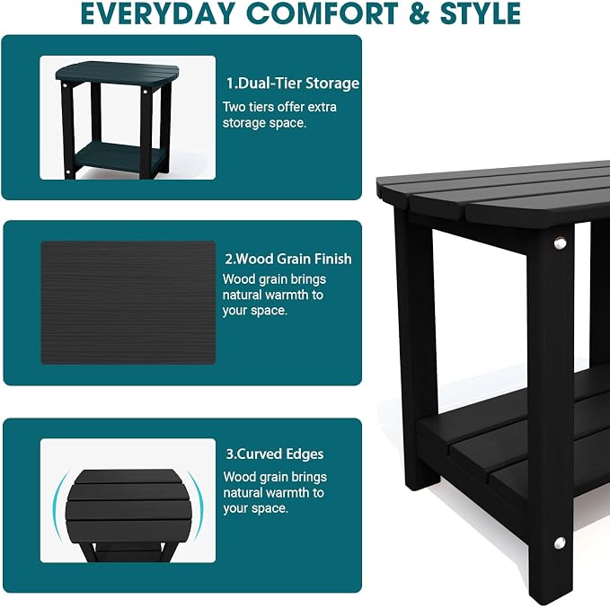 THOEOE Adirondack Outdoor Side Table, 2-Tier Sturdy Patio End Table Weather Resistant, Morden Side Table for Patio, Pool, Porch, Black
