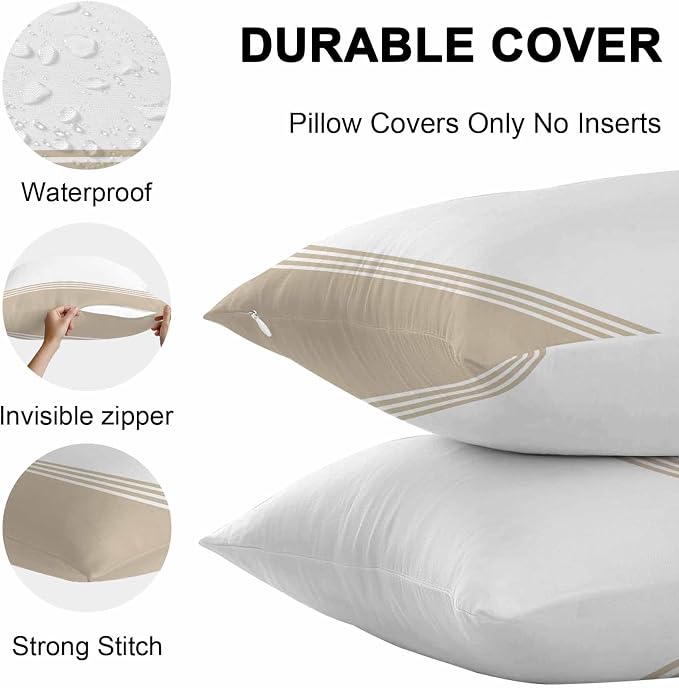 Throw Pillow Covers 26x26 Inch Set of 2, Beige White Striped Waterproof Outdoor Cushion Covers, Modern Abstract Art Aesthetics Decorative Pillowcases for Couch, Sofa, Bed, Garden, Patio
