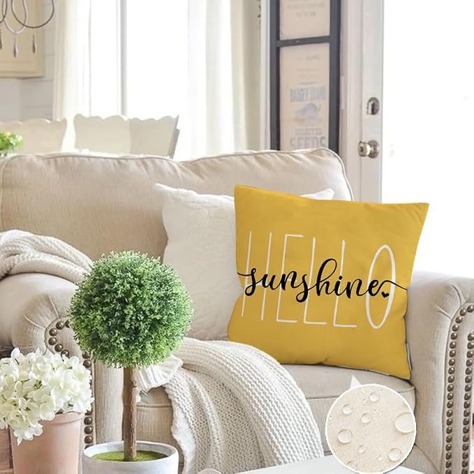 RABUSOFA Outdoor Pillows Waterproof Decorative Throw Pillows,18x18 Inch Hello Sunshine Summer Pillow Covers,Mustard Outdoor Pillow Cases for Patio Furniture(2-18) (18"x18")