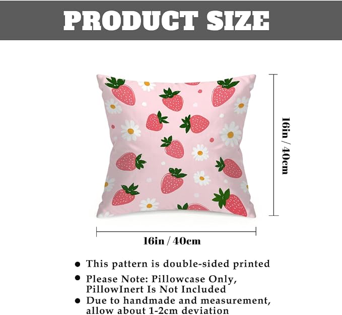 16x16 Inch Outdoor Pillow Covers Set of 2 Waterproof Throw Pillow Covers Decorative Couch Cushion Covers Pink Strawberries Daisy Square Pillowcases Protectors for Patio Garden Sofa