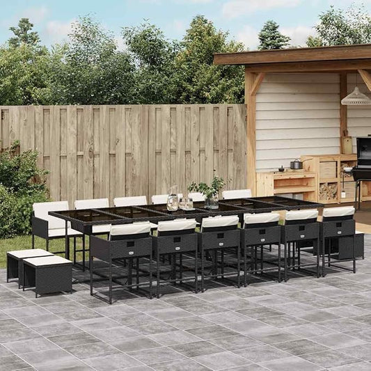 17-Piece Outdoor Dining Set, PE Rattan Patio Furniture with Tempered Glass Table, 12 Chairs and 4 Stools, Black and Cream White