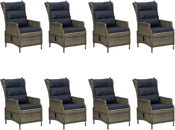 9 Piece Outdoor Patio Dining Set with Cushions Poly Rattan Brown, PE Wicker Rattan Conversation Set Adjustable Reclining Chairs with Thick Cushions, Dining Table for Backyard Poolside Lawn Deck