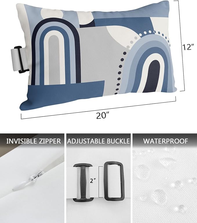 Outdoor Pillows Covers with Inserts Mid-Century Modern Curve Abstract Geometric Blue Gray Waterproof Pillow with Adjustable Strap Throw Pillows for Patio Furniture Recliner Lounge Chair, 12"x20", 1PCS