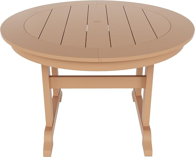 WestinTrends Malibu Patio Dining Table, All Weather Poly Lumber Adirondack 47" Trestle Round Outdoor Table with Umbrella Hole, Teak