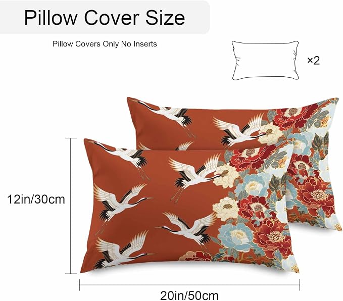 Japanese Style Outdoor Pillow Covers 20x12 Inch Lumbar Pillow Covers Set of 2 Waterproof Decorative Throw Pillow Cases Red Farmhouse Botanical Peony Birds Cushion Covers for Patio Furniture Garden