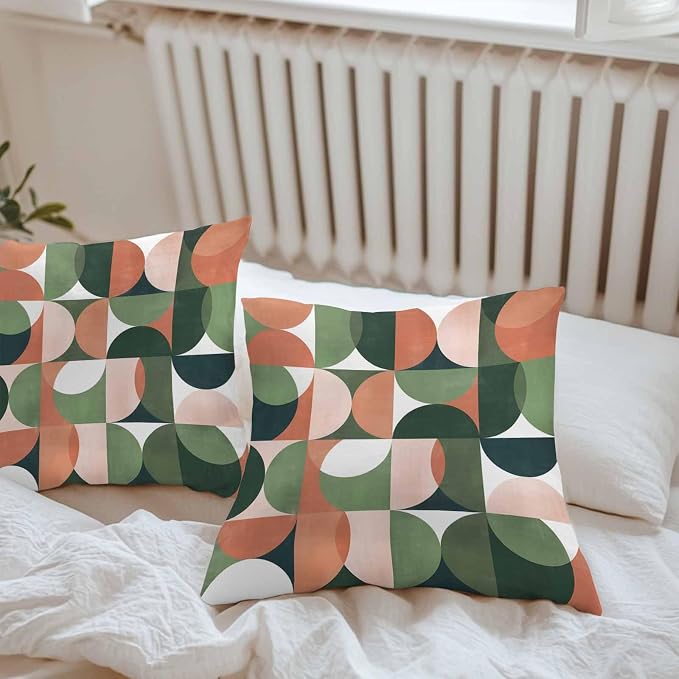 Vandarllin Outdoor Throw Pillows Covers 18x18 inch Set of 2 Waterproof Mid Century Geometric Decorative Zippered Cushion Covers for Patio Furniture, Abstract Modern Green Orange Lumbar Pillowcases