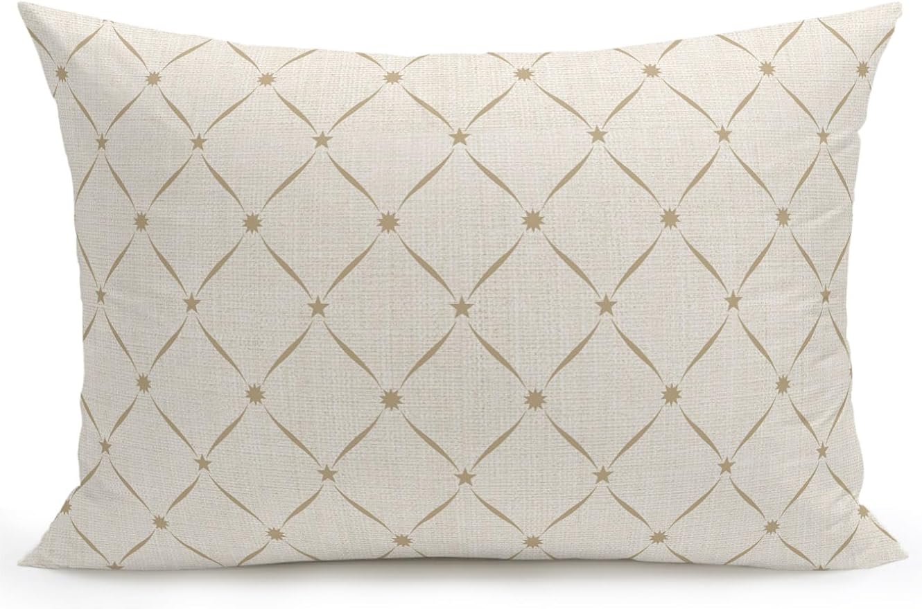 Vandarllin Waterproof Outdoor Pillow 1 Pack Beige Grid Plaid Decorative Throw Pillows Cover & Insert 20x12 Inch Lumbar Pillowcase Diagonally Crossed Lines Pillows for Couch Sofa Bed Patio Furniture
