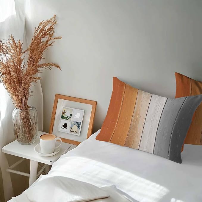 Lumbar Pillow Covers 20x12 Inch Set of 2, Burnt Orange Gray Ombre Waterproof Outdoor Cushion Covers, Vintage Farmhouse Wooden Decorative Pillowcases for Couch, Sofa, Bed, Garden, Patio