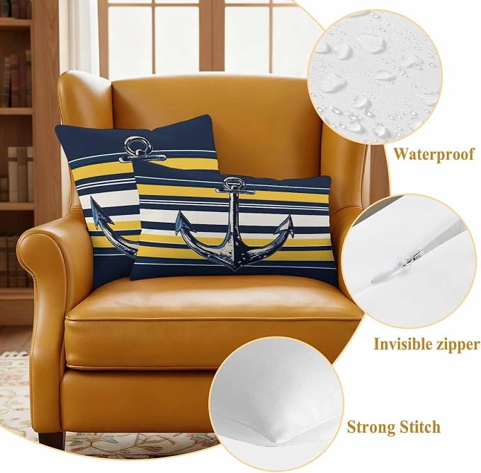 Vintage Anchor Outdoor Waterproof Pillow Covers Set of 2, Yellow Blue Striped Pillowcase Decorative Throw Cushion Cases for Patio Garden Couch 24 x 24 Inches