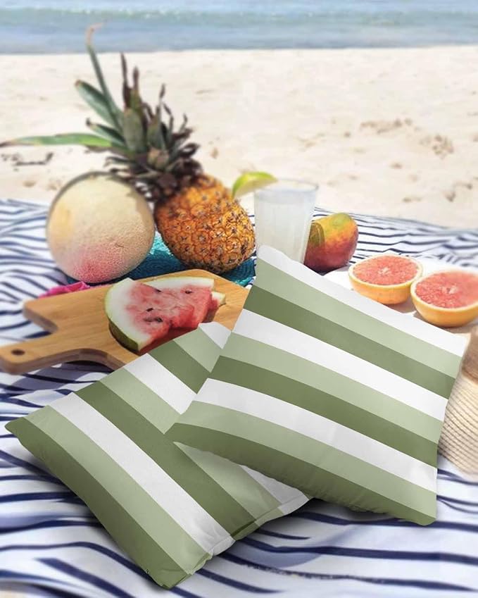 Pack of 2 Ombre Green Stripe Outdoor Pillow Waterproof Covers 24x24 inch, Geometric Art Polyester Throw Pillow Covers Garden Cushion Decorative Case for Patio Couch Decoration