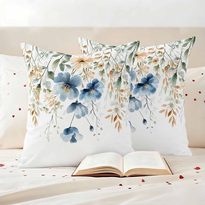 Blue Spring Floral Waterproof Outdoor Pillow Covers 18''x18'' Set of 2, Weeping Botanical Patio Furniture Summer Cushion Covers for Chairs, Decorative Wildflowers Pillow Cases for Garden/Pool/Beach