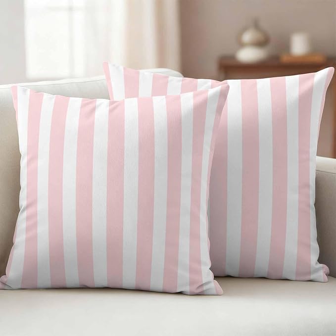 Pink Striped Outdoor Waterproof Throw Pillow Covers 24x24 Set of 2, Modern Farmhouse Pink White Stripes Decorative Pillowcases Cushion Pillowcase for Couch Sofa Patio Outside Pillow Protector