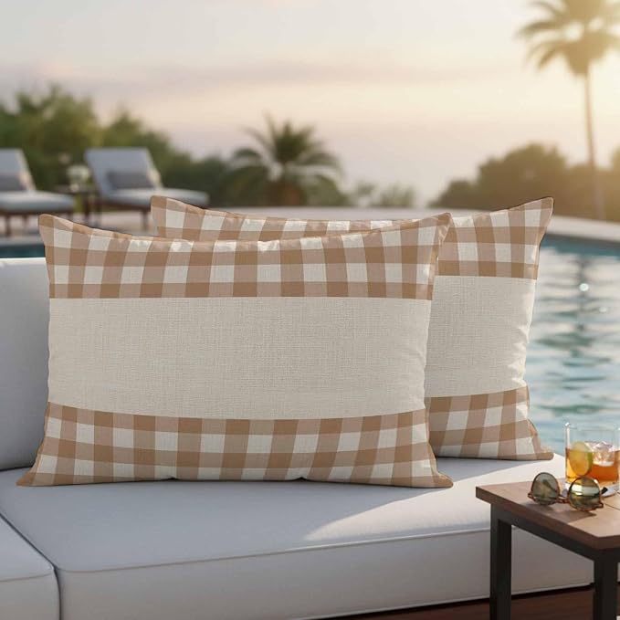 Retro Brown Outdoor Waterproof Pillow Covers, Farmhouse Buffalo Plaid Vintage Beige Decorative Rectangle Throw Pillowcase Sofa Cushion Sham for Patio/Couch/Chair, 20"x12" 2 Pack