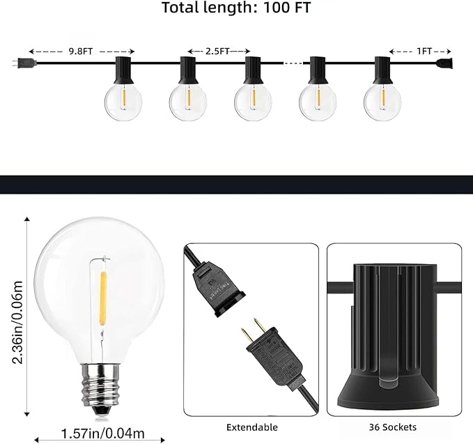 GPATIO Outdoor String Lights, 100FT G40 Bulbs Shatterproof Patio Lights, Waterproof Dimmable Hanging Outdoor Lights, Connectable LED Outside Lights for Backyard Yard Gazebo Porch Party