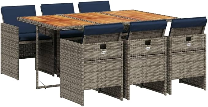 7 Piece Garden Dining Set with Cushions Grey Poly Rattan Outdoor Patio Furniture Set for 6, Foldable Chairs with Removable Covers, Acacia Wood Table for Backyard Relaxing and Al Fresco Dining