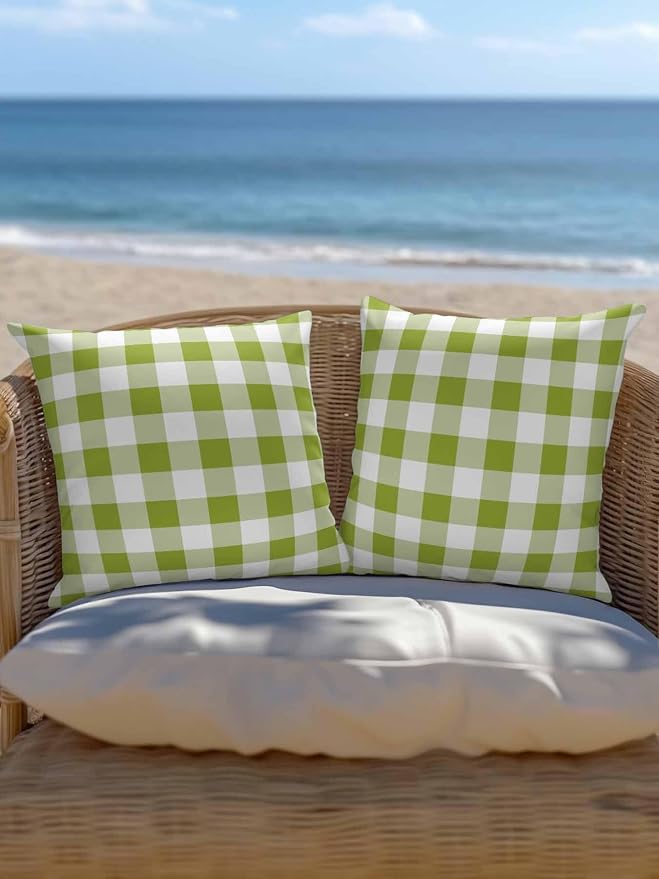 Waterproof Outdoor Pillow Set of 2 Avocado Green Buffalo Plaid Decorative Throw Pillows Cover & Insert 18x18 Inch Pillowcase Check Lines Pillows for Couch Sofa Bed Patio Furniture Indoor Outdoor