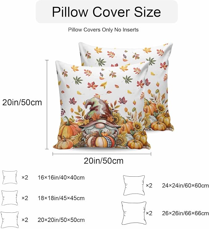 Fall Gnomes Outdoor Waterproof Pillow Covers, Thanksgiving Pumpkins Leaf Sunflowers Farm Decorative Square Throw Pillowcase Sofa Cushion Sham for Patio/Couch/Chair, 26"x26" 2 Pack