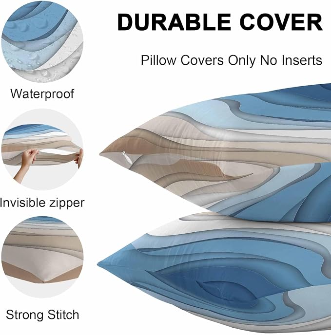 Modern Outdoor Pillow Covers Set of 2,Geometric Line Wave Striped Decorative Waterproof Throw Pillow Case,Minimalist Blue Brown Ombre Gradient Cushion Pillowcases for Couch Garden Patio,18x18In