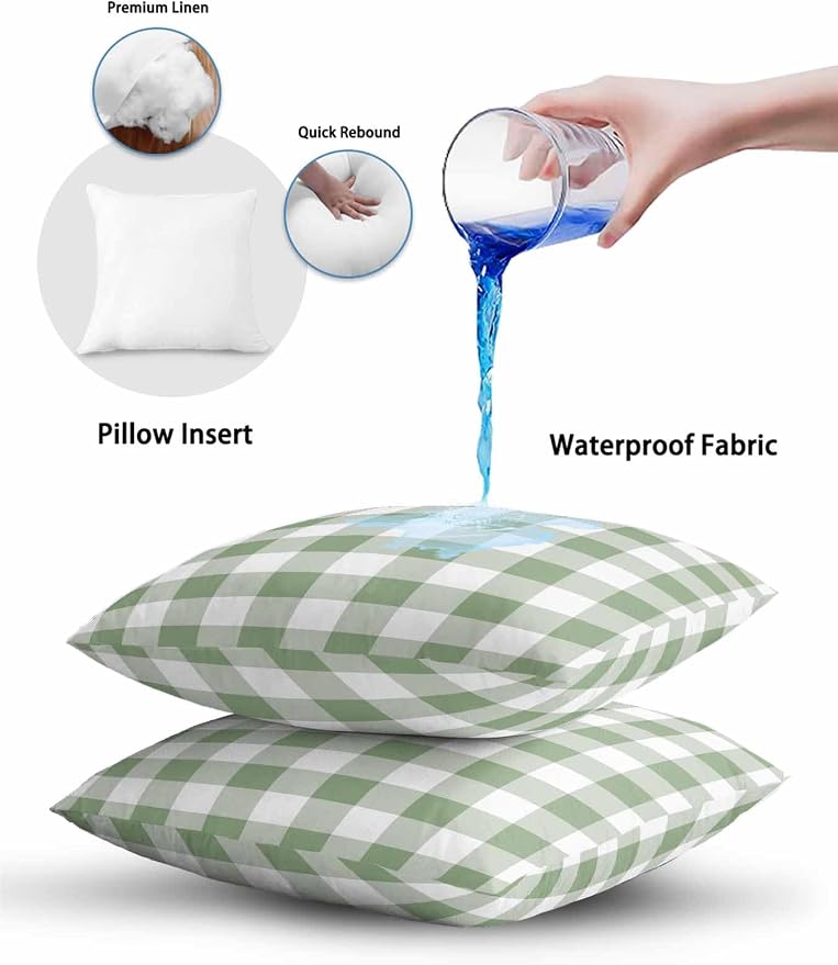 Waterproof Outdoor Pillow Set of 2 Green Buffalo Plaid Decorative Throw Pillows Cover & Insert 20x12 Inch Lumbar Pillowcase Check Lines Pillows for Couch Sofa Bed Patio Furniture Indoor Outdoor
