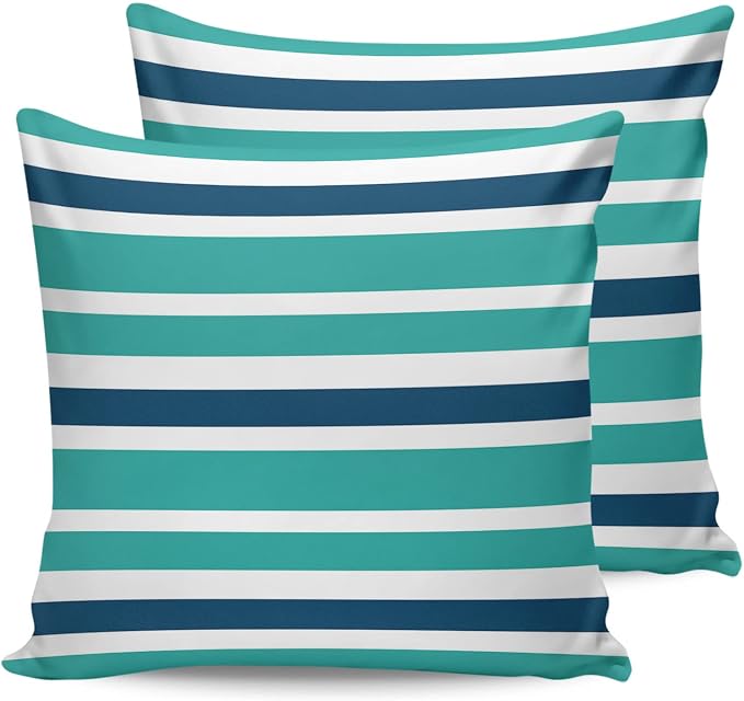 Outdoor Waterproof Throw Pillow Covers Set of 2 Navy Blue Turquoise Stripes Decorative Outdoor Pillows Cushion Case 18x18 Inch Teal Striped Patio Pillows for Couch Sofa Bed Garden Office Home Decor