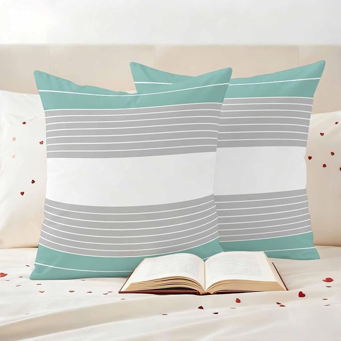 Turquoise Grey Stripe Outdoor Pillow Covers Set of 2 Gradient Line Waterproof Throw Pillow Cover Decorative Cushion Cases for Patio Porch Garden 24X24 Inch