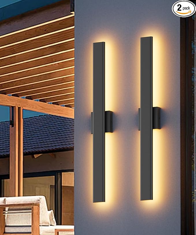 Aipsun 2 Packs LED Outdoor Wall Lights, 3000K 4000K 6000K, 23.6in Modern Black Outdoor Porch & Patio Wall Sconce, Linear Exterior Wall Light for Entrance, Hallway, Garage, Porch(3CCT)