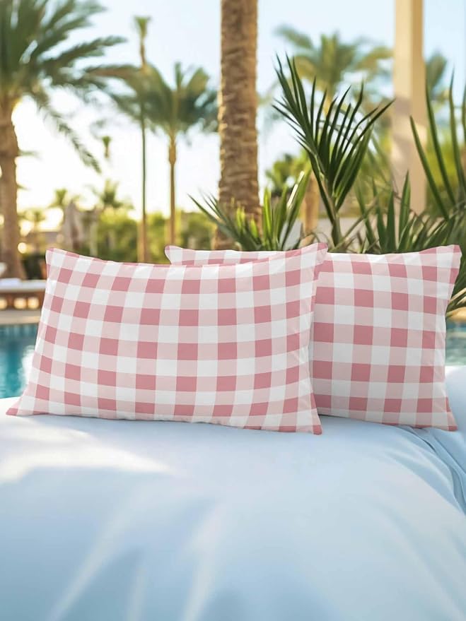 Waterproof Outdoor Pillow Set of 2 Pink Buffalo Plaid Decorative Throw Pillows Cover & Insert 20x12 Inch Lumbar Pillowcase Check Lines Pillows for Couch Sofa Bed Patio Furniture Indoor Outdoor