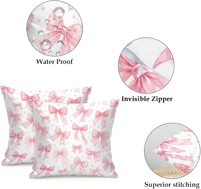 Waterproof Outdoor Pillow Covers Patio Throw Pillow Cases 18x18 Bows | Decorative Throw Pillows Patio Cushion Covers Set of 2, Outdoor Pillow Inserts Cover for Couch Chair