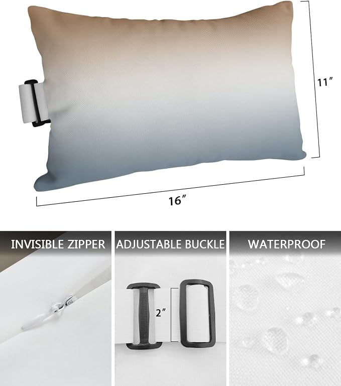 Outdoor Pillows Covers with Inserts Brown Grey Gradient Waterproof Recliner Pillow with Adjustable Strap Throw Pillows for Patio Furniture Pool Lounge Chair, 11x16 inch, 2PCS