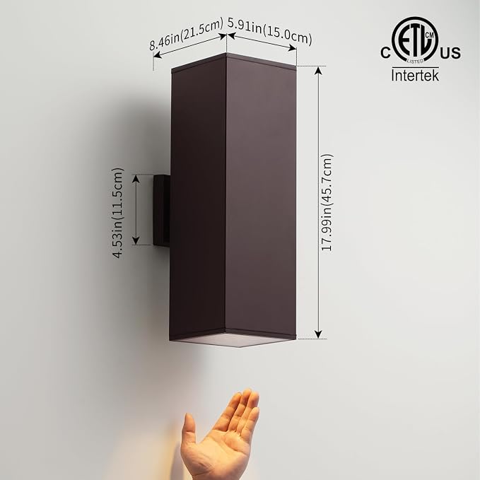 mirrea 18" Modern Outdoor Porch Light, 2 Lights, Oil Rubbed Bronze, 2 Pack | Patio wall sconce, aluminum rectangular tube, tempered glass, waterproof. Up & down lighting for outdoor wall mount fixture.