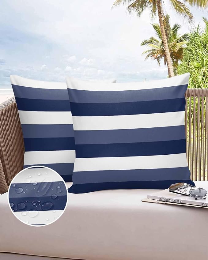 Pack of 2 Navy Blue Stripes Outdoor Pillow Waterproof Covers 26x26 inch, Geometric Pattern Polyester Throw Pillow Covers Garden Cushion Decorative Case for Patio Couch Decoration