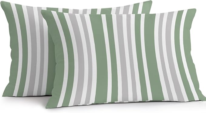 Sage Green Grey Stripe Outdoor Pillow Covers 20x12 Inch Lumbar Pillow Covers Set of 2 Waterproof Decorative Throw Pillow Cases Farmhouse Minimalist Striped Cushion Covers for Patio Furniture Garden