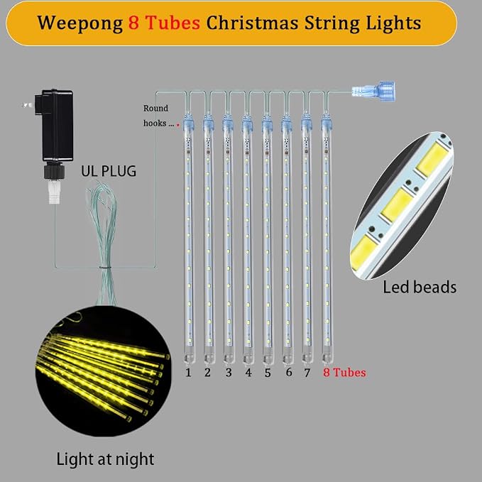 Weepong Christmas Lights Outdoor Falling Rain Meteor Shower Lights 12 inch 8 Tube 192 LED Snowfall Icicle Cascading String Light for Xmas Tree Christmas Decorations Holiday Garden, UL Plug,Warm White