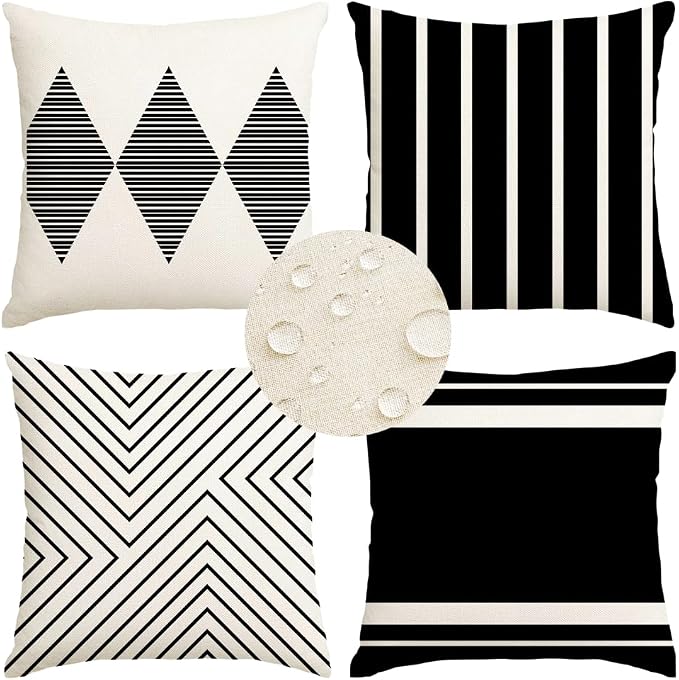 Outdoor Pillows Covers 20x20 Waterproof,Black and Beige Set of 4(No Insert) | for Covered Patio Furniture Couch Sunbrella,No Insert Just Covers,Durable Polyester,Fit 20x20 inch Inserts or Smaller,Boho