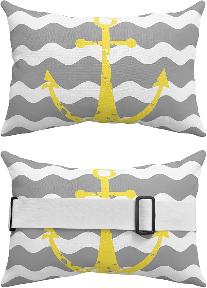 Prime Leader Recliner Head Pillow Lounge Chair Pillows with Insert Yellow Nautical Anchor Grey Wavy Stripes Lumbar Pillow with Adjustable Strap Outdoor Waterproof Patio Pillows for Beach Pool, 1 PCS
